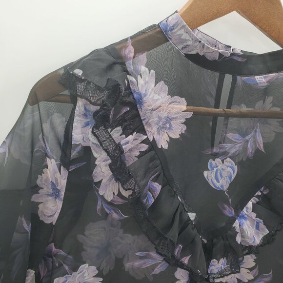 TOBI Womens Sheer Floral Ruffle Blouse Sz L Black Purple Long Sleeve Bohemian - Picture 6 of 12